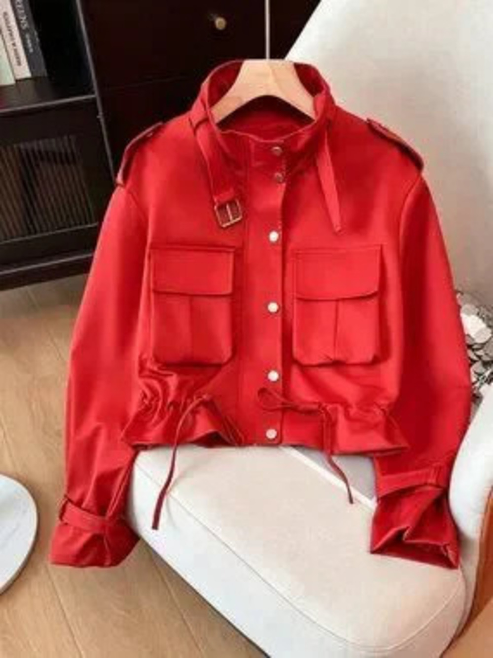 ZARA Red Casual Women's Funnel Neck Multi-Pocket Waist Drawstring Utility Jacket
